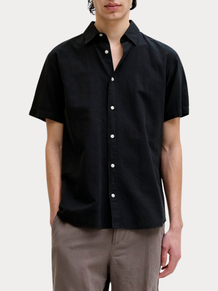 SHORT SLEEVE JACK&JONES 12288590 JJEBREEZE LINEN BLEND SHIRT S/S SN ΜΑΥΡΟ