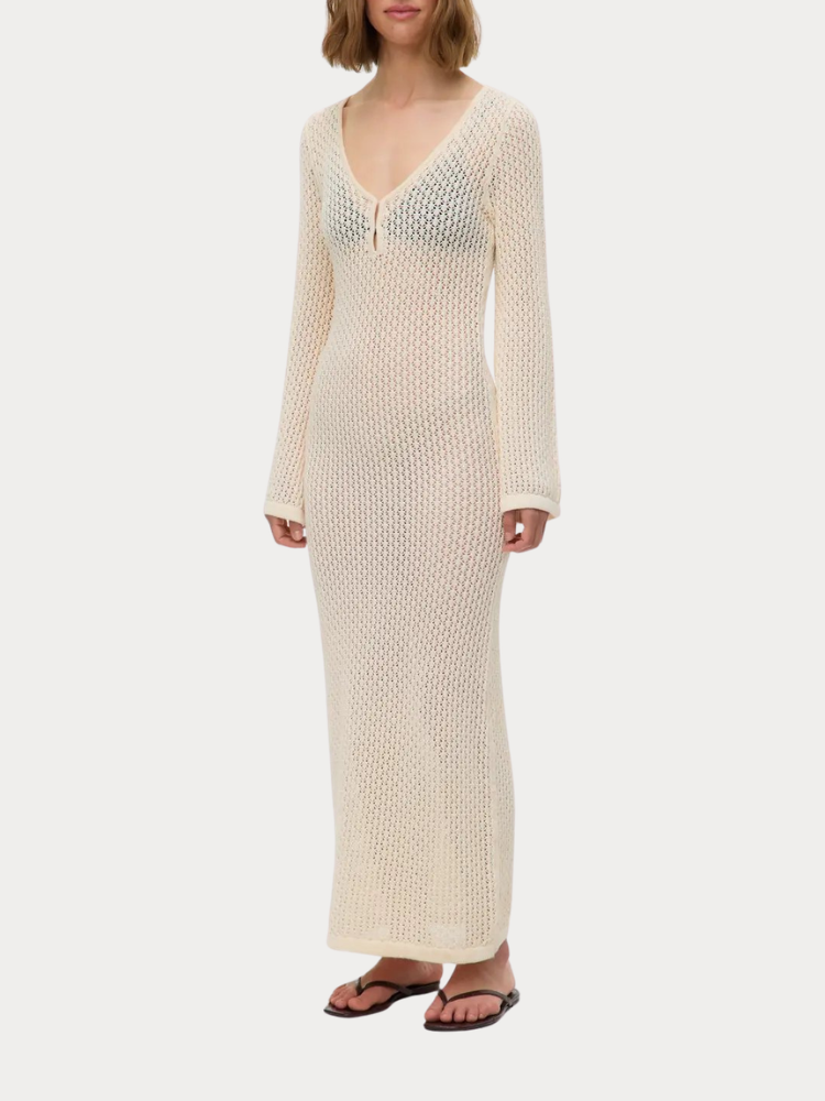 ΦΟΡΕΜΑ VERO MODA AWEMMA LS V-NECK ANKLE CROCHET DRESS BIRCH