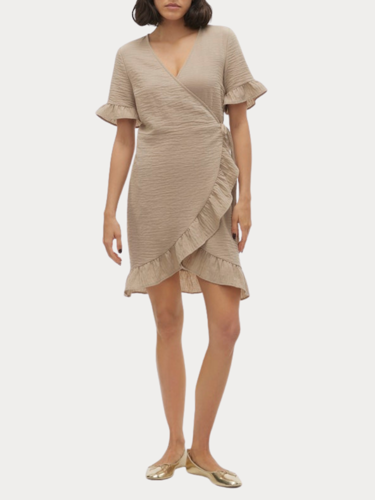 DRESS VERO MODA VMCHRIS SS SHORT WRAP DRESS WVN GA BEIGE