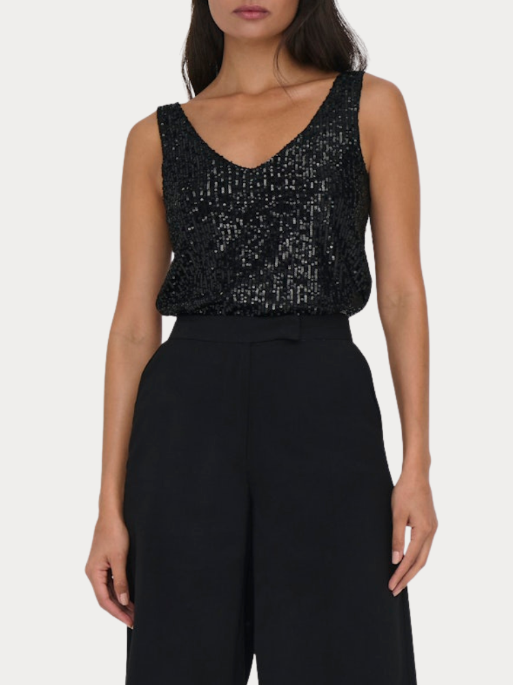 TOP ONLY ANA S/L V-NECK SEQUINS BLACK