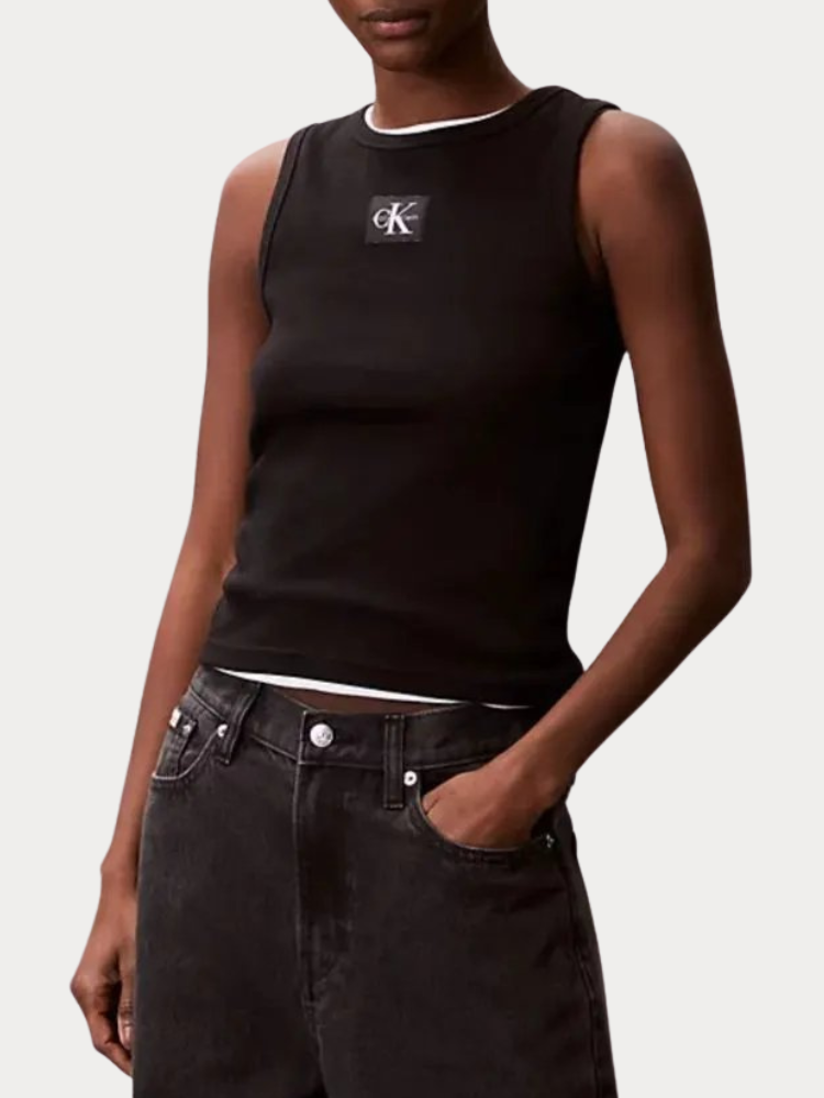 TANK TOP CALVIN KLEIN WOVEN LABEL RIBBED SLIM FIT BLACK