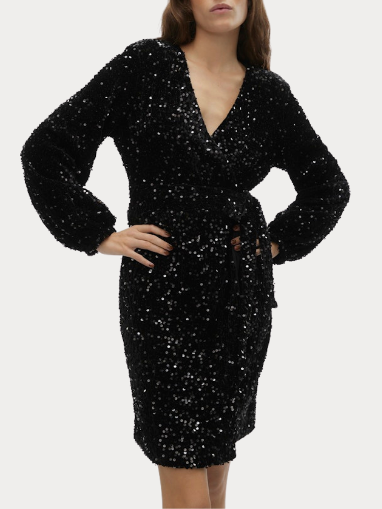 ΦΟΡΕΜΑ VERO MODA BELLA LS WRAP SHORT DRESS BLACK