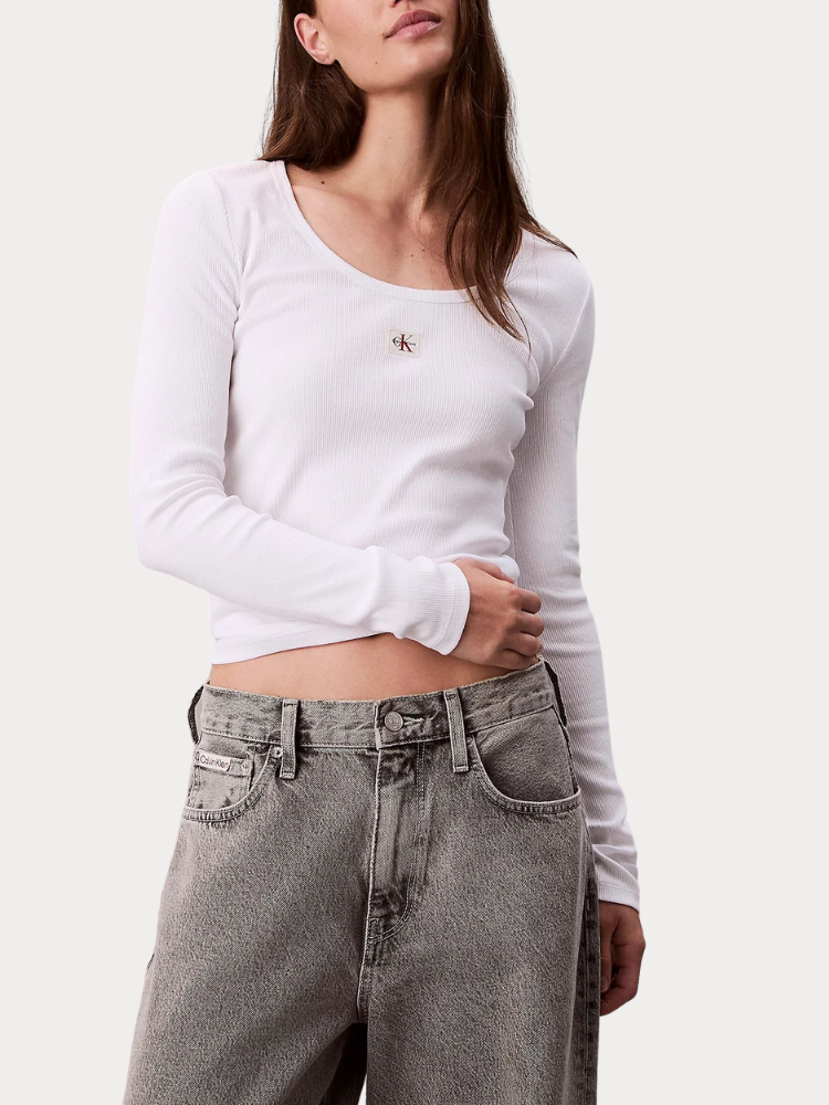ΜΠΛΟΥΖΑ CALVIN KLEIN LS WOVEN LABEL 2X2 RIB SCOOP NEC WHITE