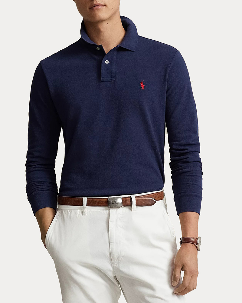 ΑΝΔΡΙΚΟ ΠΟΛΟ POLO RALPH LAUREN L/S CUSTOM SLIM FIT MESH CORE REPLEN BLUE