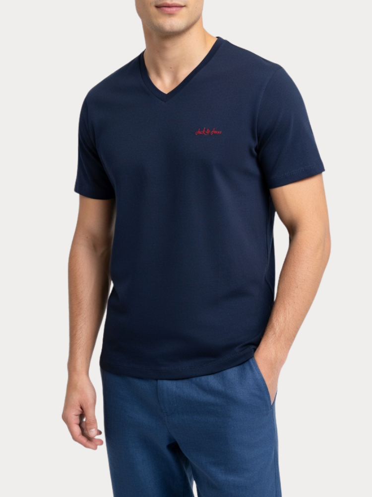 T-SHIRT JACK&JONES 12297455 JJBLAZE TEE SS V NECK ΣΚΟΥΡΟ ΜΠΛΕ JACK&JONES