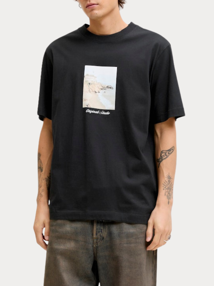 T-SHIRT JACK&JONES 12291022 JORNORREBRO PHOTO TEE SS CREW NECK LN ΜΑΥΡΟ JACK&JONES