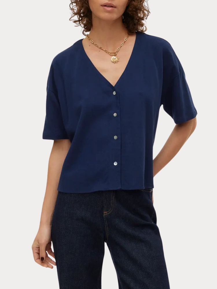 ΠΟΥΚΑΜΙΣΟ VERO MODA 10279696 VMMYMILO 2/4 V-NECK SHIRT WVN NOOS NAVY BLAZER VERO MODA