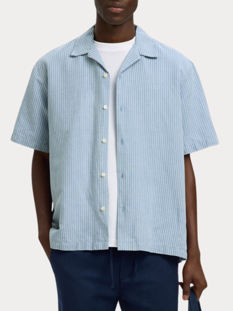 ΚΟΝΤΟΜΑΝΙΚΟ ΠΟΥΚΑΜΙΣΟ SELECTED SLMRLXCASPER CLAY LINENBLEND DUSTY BLUE WHITE SELECTED