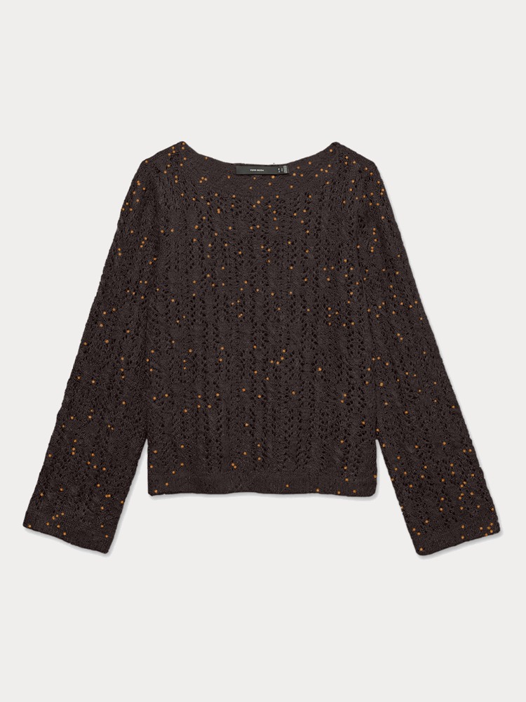 ΠΛΕΚΤΟ VERO MODA VMNEWLEILANI LS BOATNECK PULLOVER CHOCOLATE TORTE W. COBBER SEQUINS VERO MODA