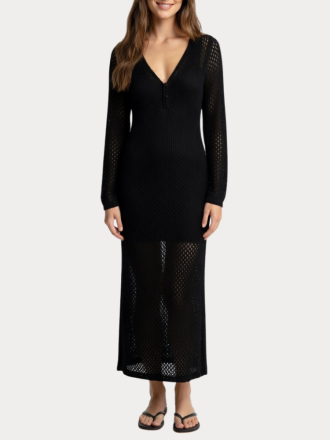 ΦΟΡΕΜΑ VERO MODA AWEMMA LS V-NECK ANKLE CROCHET DRESS BLACK