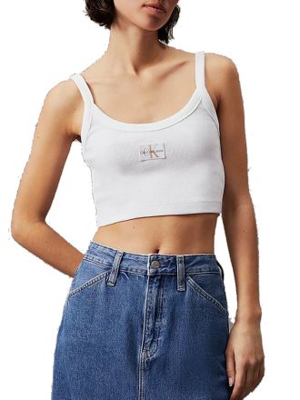 TANK TOP CALVIN KLEIN WOVEN LABEL RIBBED CROP BRIGHT WHTE