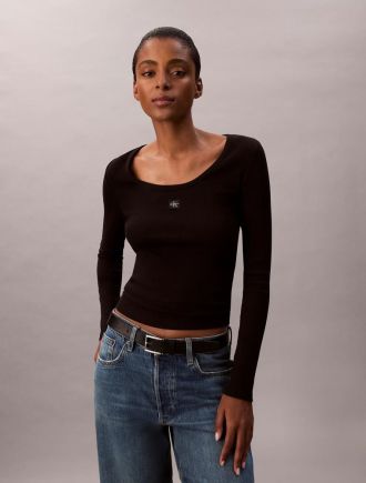ΜΠΛΟΥΖΑ CALVIN KLEIN LS WOVEN LABEL 2X2 RIB SCOOP NEC BLACK