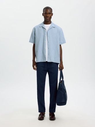 ΚΟΝΤΟΜΑΝΙΚΟ ΠΟΥΚΑΜΙΣΟ SELECTED SLMRLXCASPER CLAY LINENBLEND DUSTY BLUE WHITE